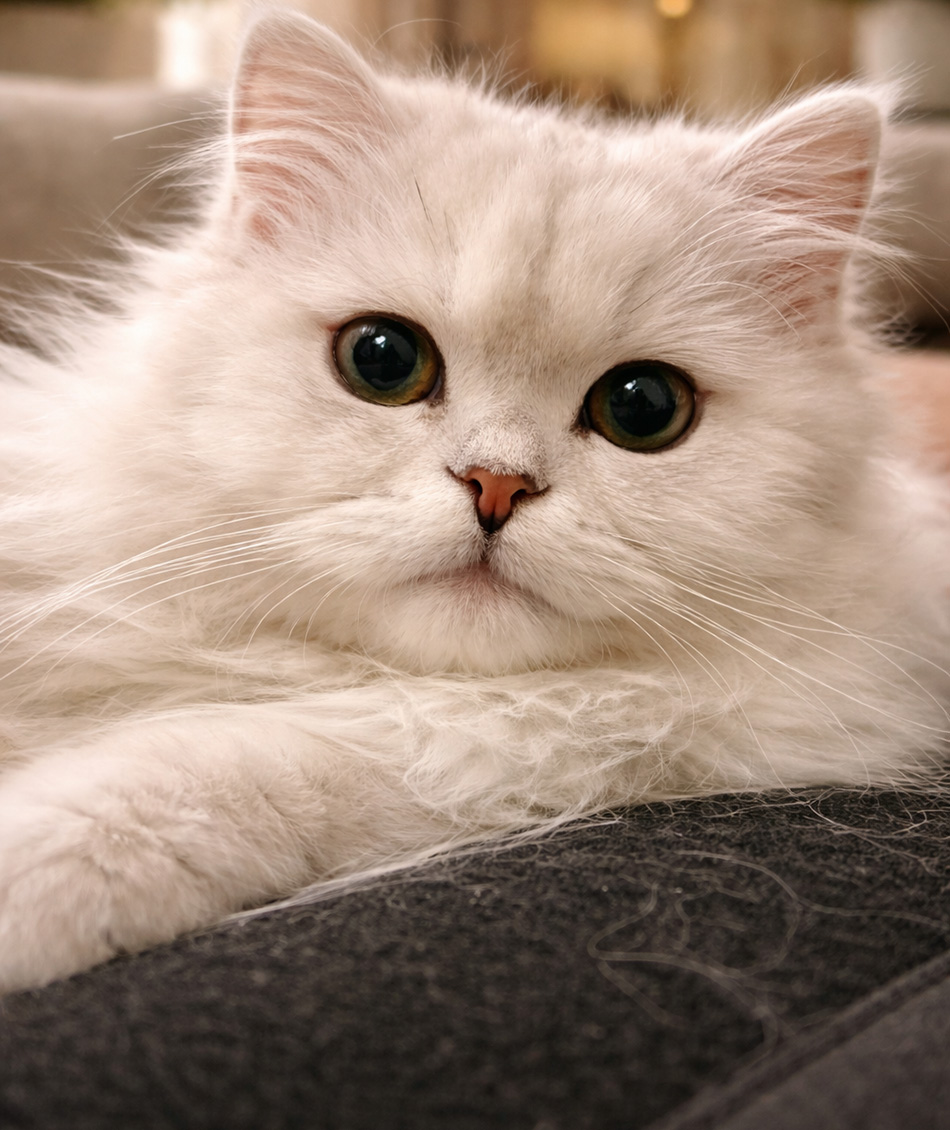 Close-up of a Silver Chinchilla Persian kitten with expressive eyes, showcasing breed quality, soft coat, and calm temperament