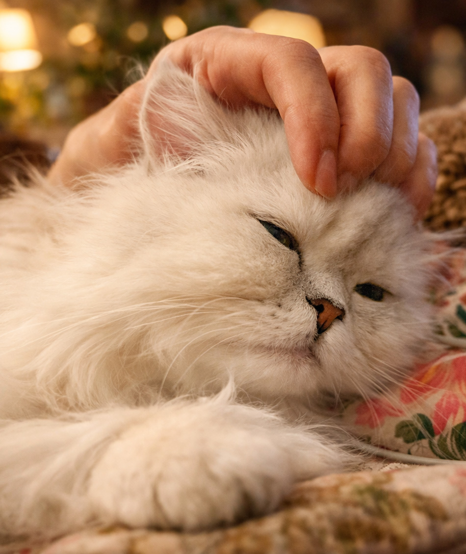 Silver Chinchilla Persian kitten being gently cared for by hand, highlighting calm temperament, trust, and ethical home-raised breeding